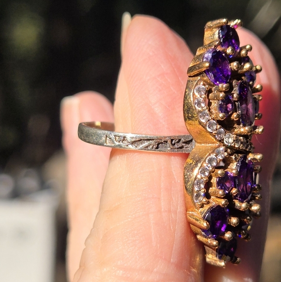 Amethyst & White sapphire Sterling & Gold cocktail ring 7.75 - Picture 6 of 9